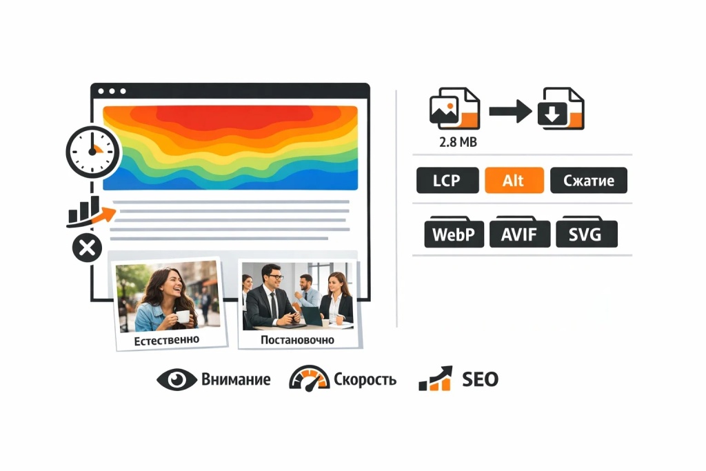 visual-content-role-in-seo-and-engagement.jpg Инфографика о влиянии изображений на SEO и поведение пользователей: вовлеченность, глубина просмотра, LCP, форматы WebP и естественные фото.