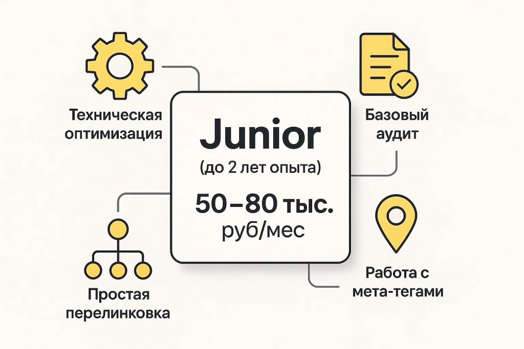 Junior SEO специалист обязанности и зарплата до 80 тысяч рублей в месяц.