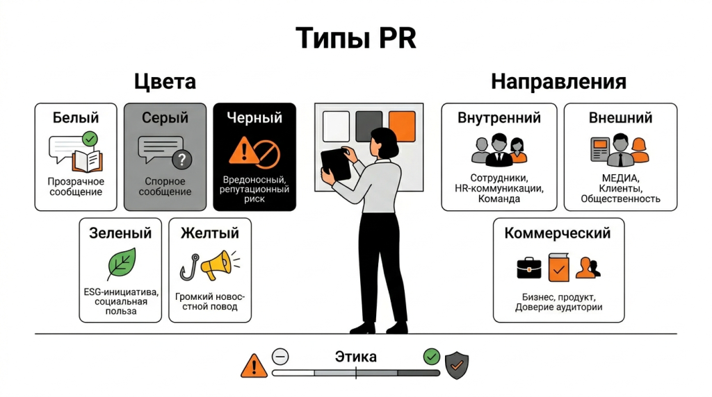 Инфографика о видах PR по направлениям и цветам: белый, серый, чёрный, зелёный PR, внутренние и внешние коммуникации. 