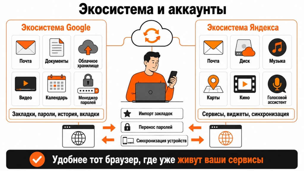 Инфографика о сравнении экосистем Google и Яндекса в браузерах: аккаунты, синхронизация, почта, диск, документы, музыка и перенос данных. 