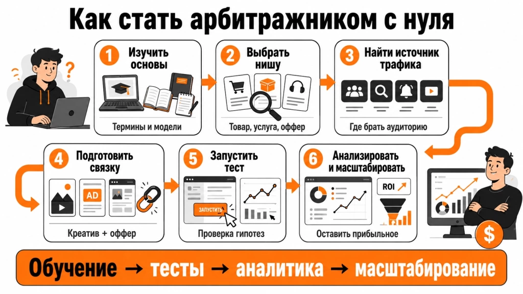 kak-stat-arbitrazhnikom-s-nulya.webp Инфографика с пошаговой инструкцией для новичка в арбитраже трафика: обучение, выбор оффера, настройка рекламы, тесты и аналитика.