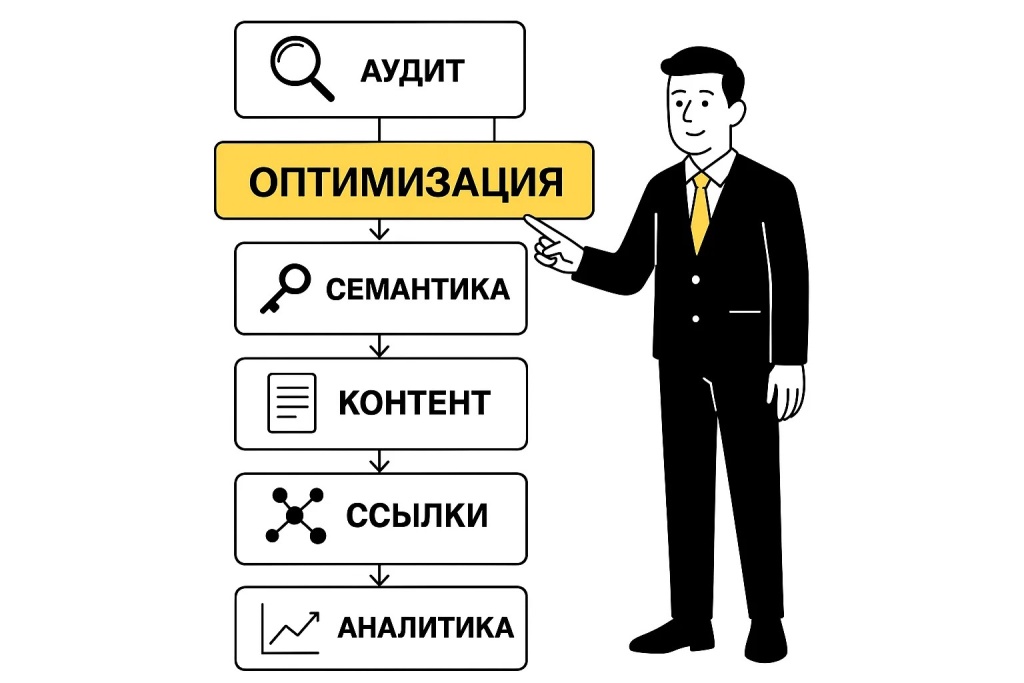 Этапы SEO продвижения с оптимизацией, семантикой, контентом и аналитикой.