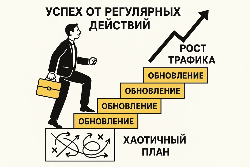 Регулярность действий и обновлений SEO-плана повышает эффективность Регулярность действий и обновлений SEO-плана повышает эффективность