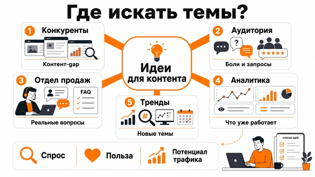 gde-brat-idei-i-temy-dlya-publikacij.webp Инфографика с источниками идей для контент-плана: конкуренты, аудитория, отдел продаж, аналитика и тренды.