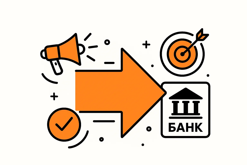 Иконки платного продвижения: контекстной, таргетированной рекламы и CPA-маркетинга, ведущие к банку.