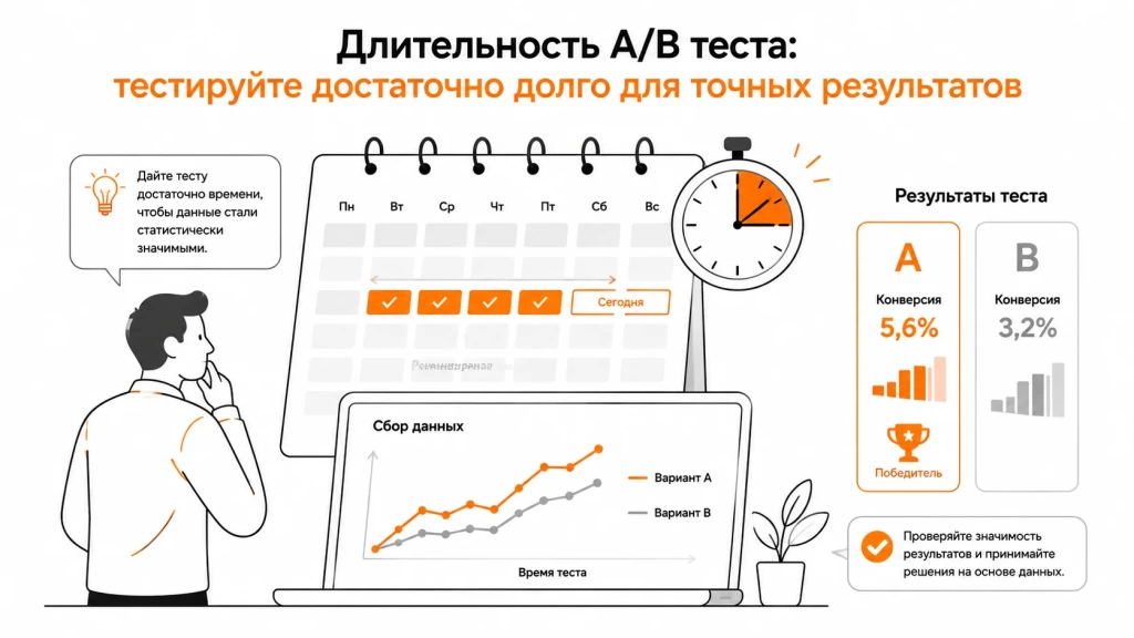 dlitelnost-a-b-testa-i-rezultaty.webp Длительность A/B теста и результаты анализа данных с календарём и таймером.