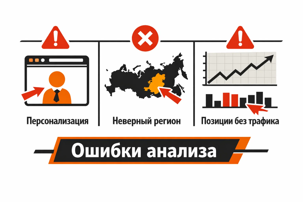 common-mistakes-position-tracking.png Ошибки при отслеживании позиций сайта: игнорирование персональной выдачи, неверный выбор целевого региона, анализ позиций без привязки к трафику.