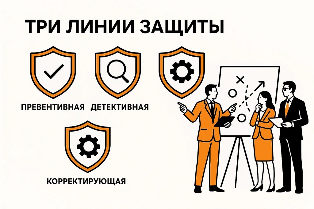 Три линии защиты с превентивной, детективной и корректирующей стратегией безопасности Три линии защиты с превентивной, детективной и корректирующей стратегией безопасности