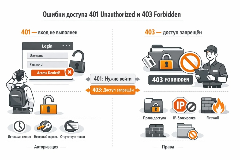  Инфографика о различиях ошибок 401 и 403: авторизация, доступ по правам, защита каталога, блокировка IP и ограничения сервера.