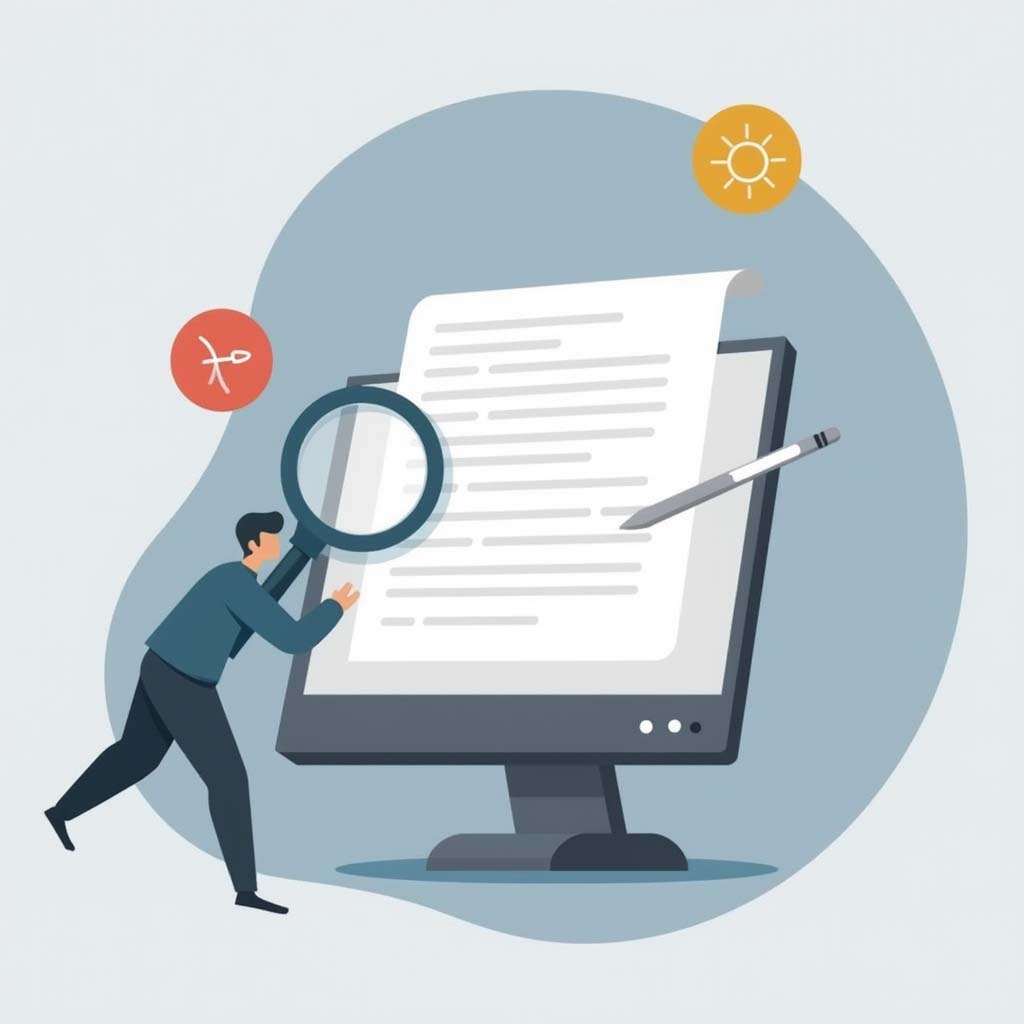 Проверка SEO текста. Человек с лупой анализирует контент на экране компьютера для оптимизации.