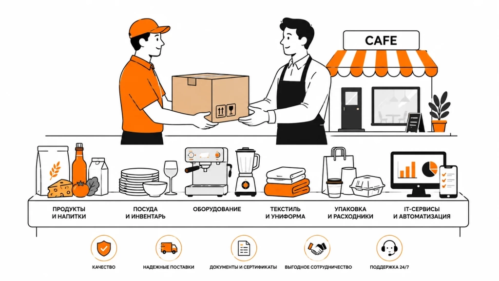  Товары и услуги для HoReCa с поставкой, оборудованием, посудой и IT-сервисами. 