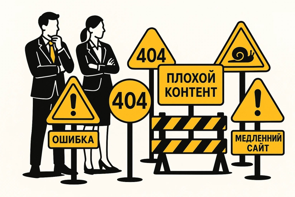 SEO технические ошибки включают 404 страницы, медленный сайт и плохой контент на желтых знаках.