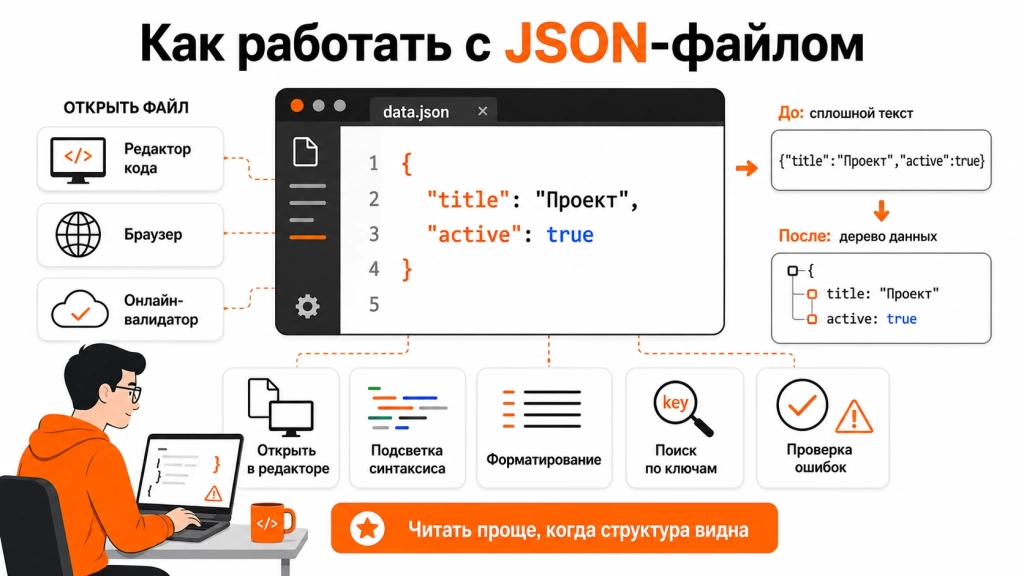 kak-otkryt-i-redaktirovat-json-fajl.webp Инфографика о том, как открыть и редактировать JSON-файл: редактор кода, браузерный просмотрщик, форматирование, подсветка синтаксиса и валидация.