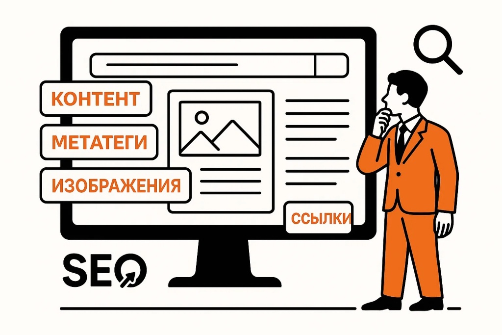 elementy-on-page-seo-kontent-metategi-ssylki.jpg Основные компоненты внутренней SEO оптимизации страницы включая контент и метатеги.