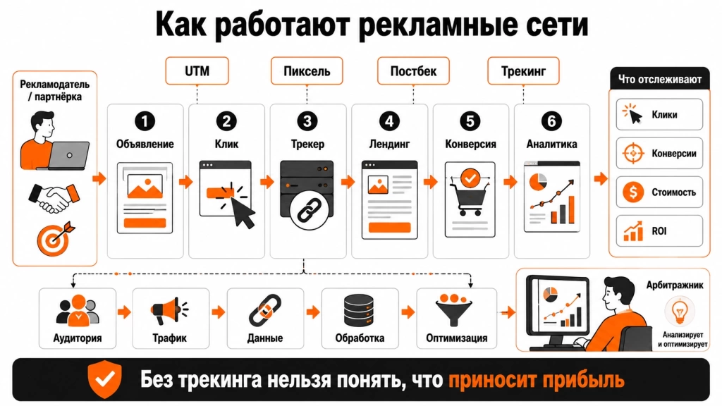 tehnicheskie-aspekty-raboty-reklamnyh-setej.webp Инфографика о технических аспектах работы рекламных сетей: трекинг, клик, редирект, пиксель, конверсии и аналитика.