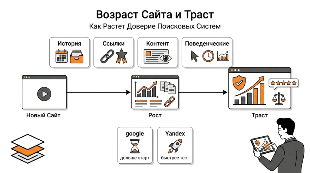  Инфографика о возрасте сайта и трасте в SEO: молодой домен, рост доверия, история сайта, ссылки и стабильность. 
