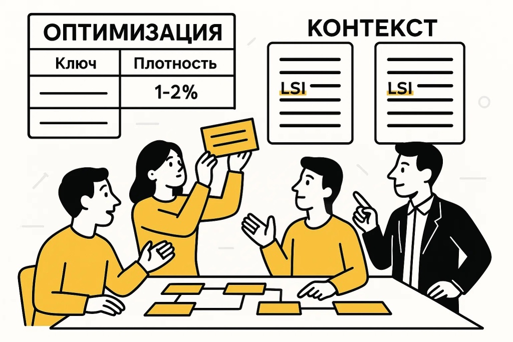 Оптимизация контента с учетом LSI и контекста ключевых слов для SEO.