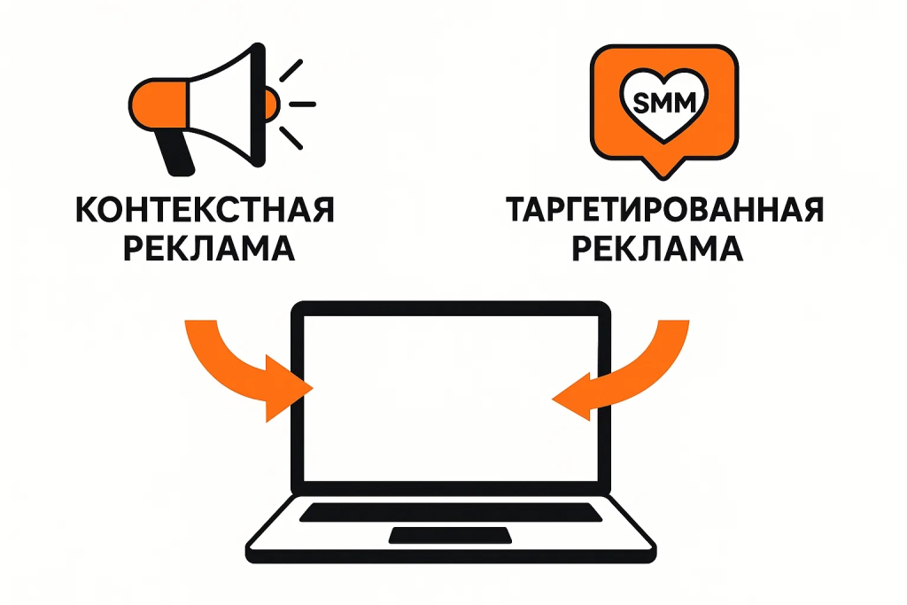 Векторная иллюстрация источников трафика (контекст и таргет), ведущих на лендинг без использования SEO.