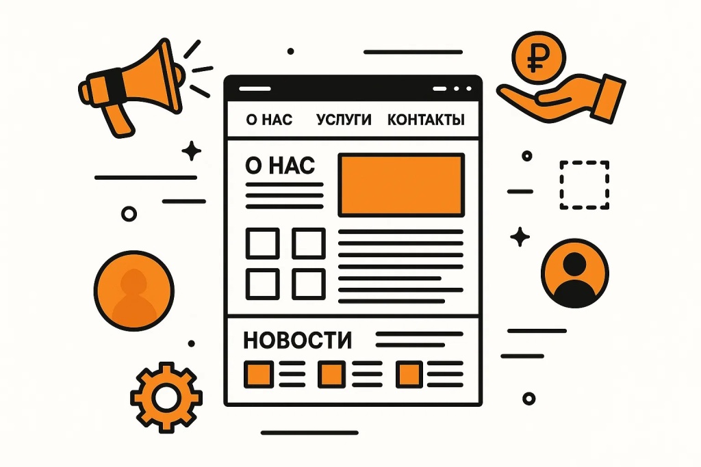 Иллюстрация создания сайта с разделами о нас, услуги и контакты для бизнеса
