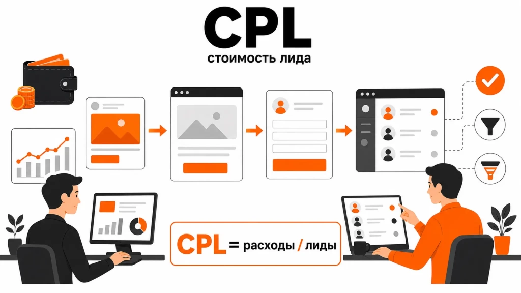 Инфографика о CPL: стоимость лида, форма заявки, контакт клиента, рекламная кампания, CRM и оптимизация лидогенерации.