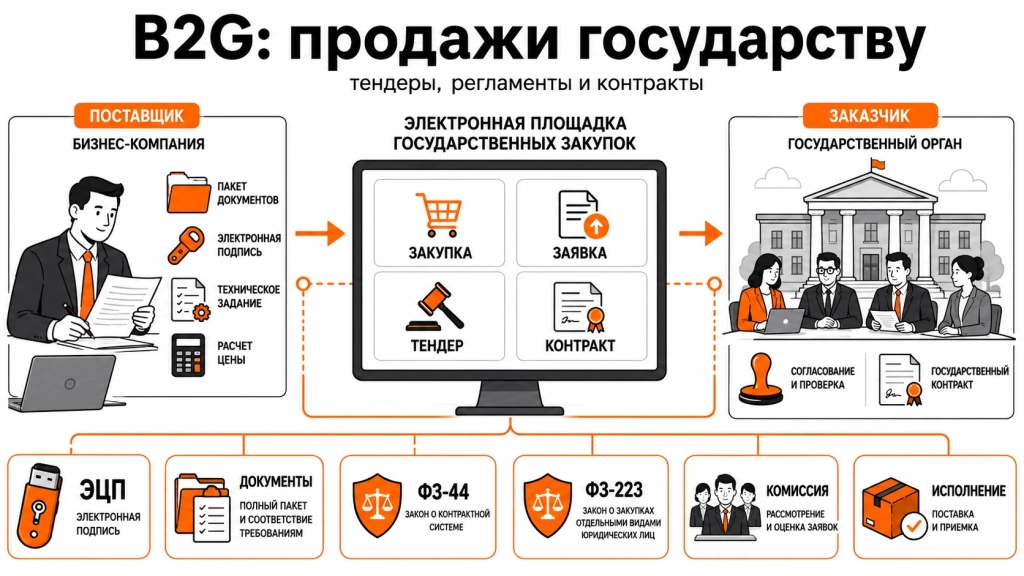 model-b2g-business-to-government.webp Инфографика о модели B2G, где бизнес продает государственным заказчикам через тендеры и госзакупки.