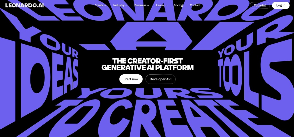 Интерфейс Leonardo ai с кнопками Start now и Developer API на фоне графического заголовка.