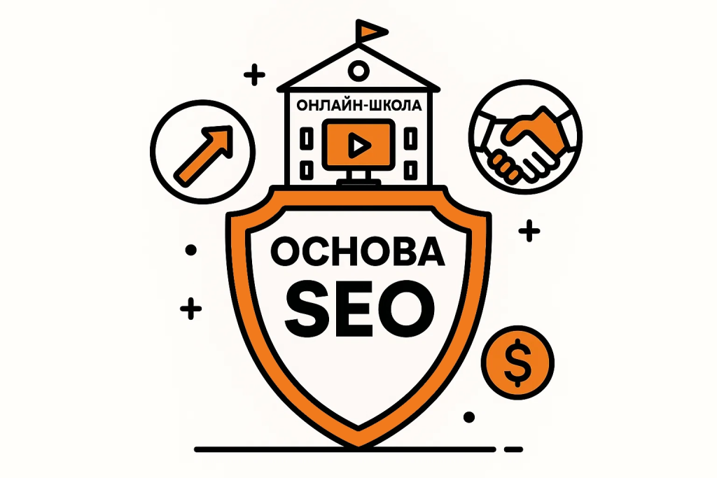 Иллюстрация, показывающая важность SEO как фундамента для образовательного бизнеса, с иконками трафика и доверия.