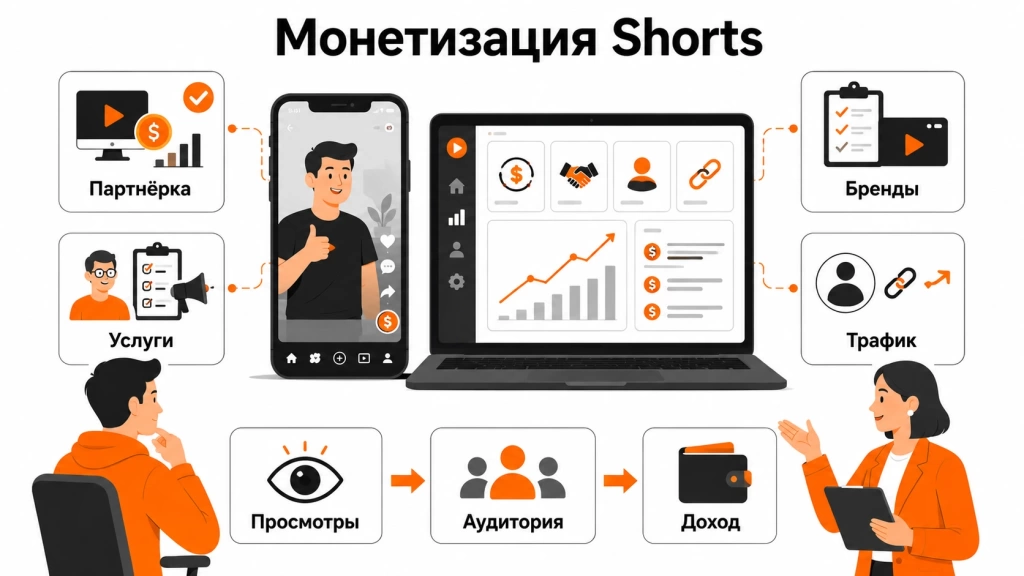 Инфографика о монетизации Shorts: партнёрская программа, брендовая реклама, продажи услуг, трафик на профиль и рост дохода.