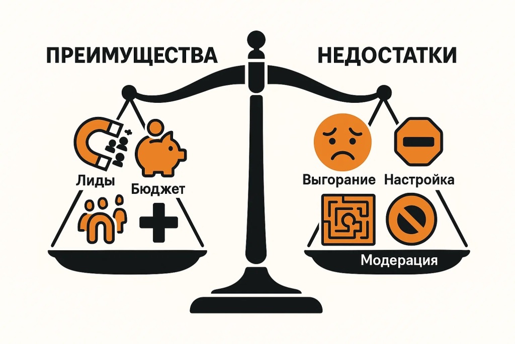 Сравнительная таблица преимуществ и недостатков контекстной рекламы, включая лиды и бюджет.