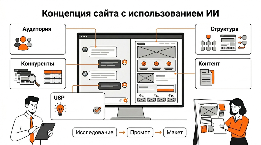 Инфографика о подготовке концепции сайта через нейросети: анализ аудитории, конкурентов, УТП, структура страниц и контент-стратегия. 