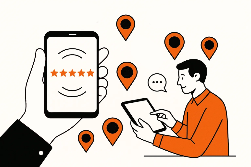 Векторное изображение работы с репутацией (SERM): сбор отзывов на геосервисах и управление доверием клиентов.