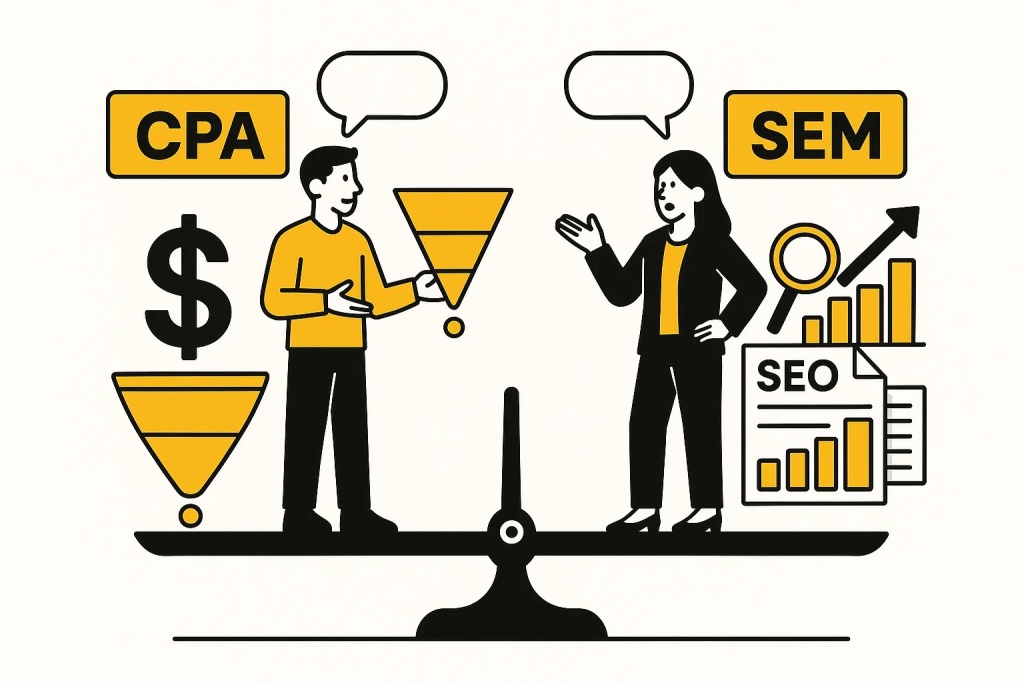 Сравнение методов CPA или SEM в digital маркетинге с воронками и аналитикой.