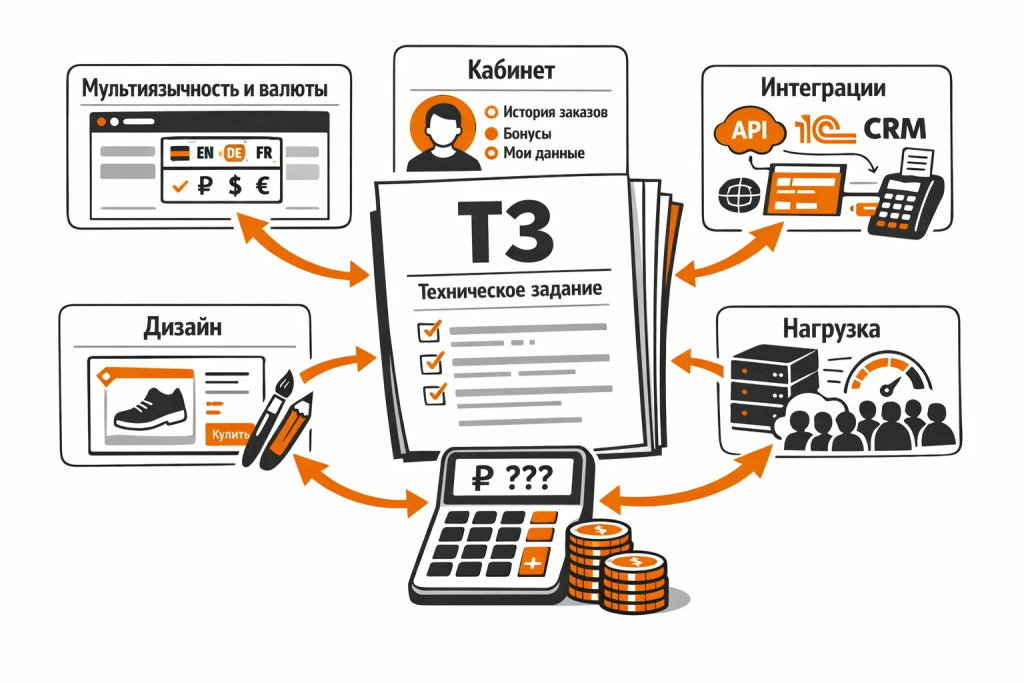 Иллюстрация сложности оценки стоимости интернет-магазина из-за множества переменных и функциональных требований.