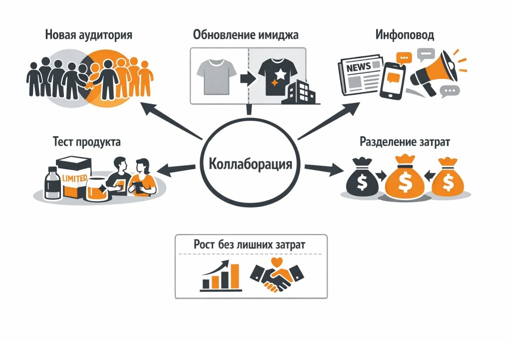 Инфографика о целях коллабораций: новая аудитория, обновление имиджа, инфоповод, тестирование продукта и снижение затрат.