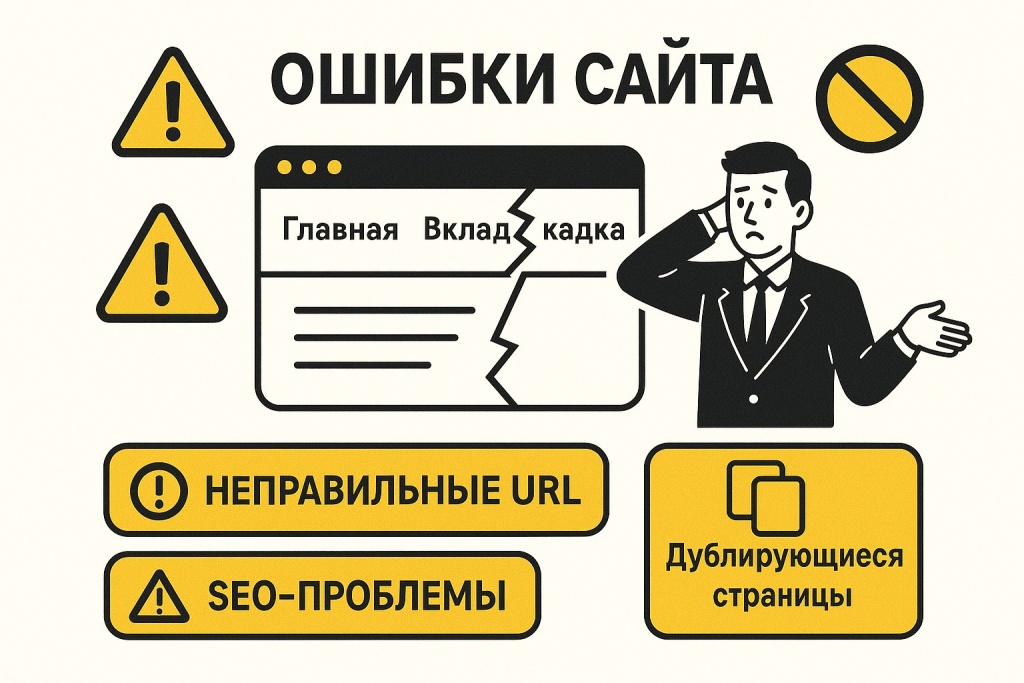 Ошибки сайта с неправильными URL SEO проблемами и дублирующимися страницами