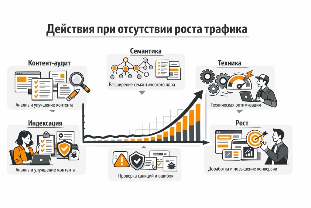 dejstviya-pri-otsutstvii-rosta-trafika.jpg Инфографика о действиях при отсутствии роста трафика: стагнация графика, контент-аудит, семантика, техническая оптимизация, скорость сайта и рост после внедрения улучшений.