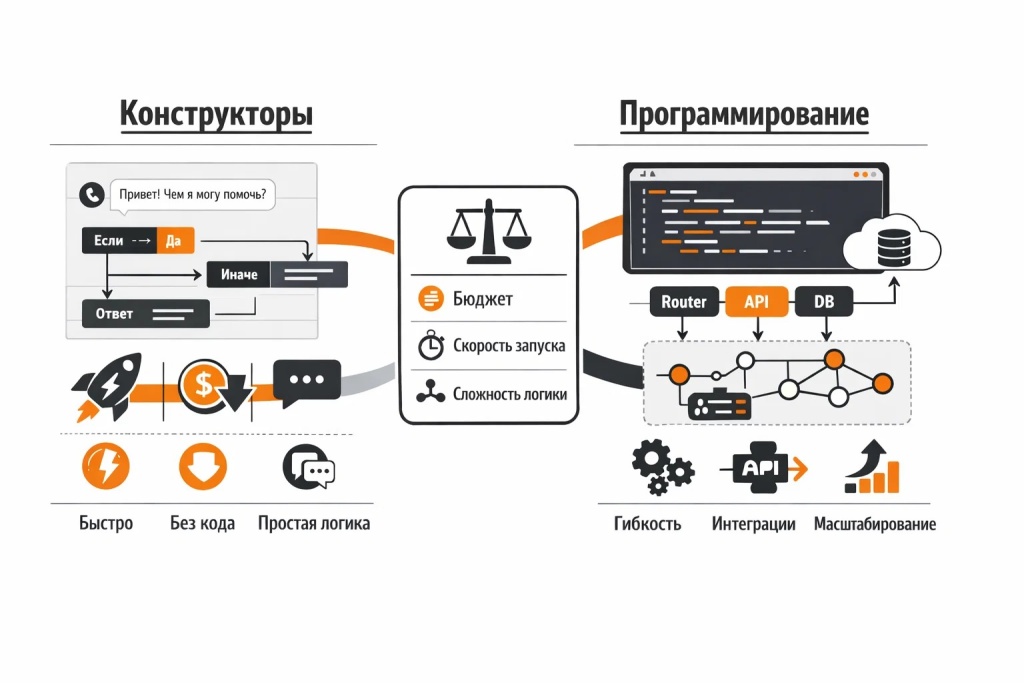 Сравнение двух способов создания Telegram-бота: no-code конструкторы для быстрого старта и Python-разработка для сложной логики и интеграций.