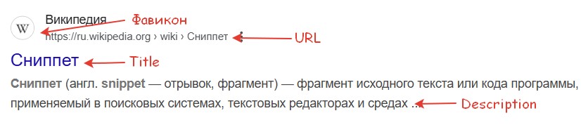 Страница Википедии с определением понятия сниппет в поисковой оптимизации