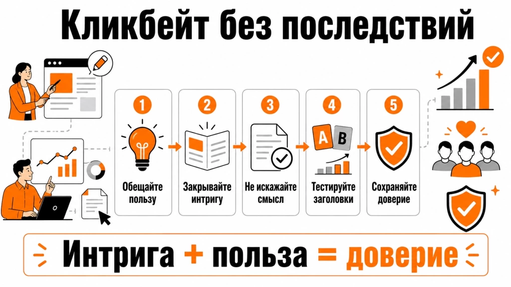 Инфографика о безопасном использовании кликбейта: честный заголовок, реальная польза, выполнение обещания, тестирование и сохранение доверия.