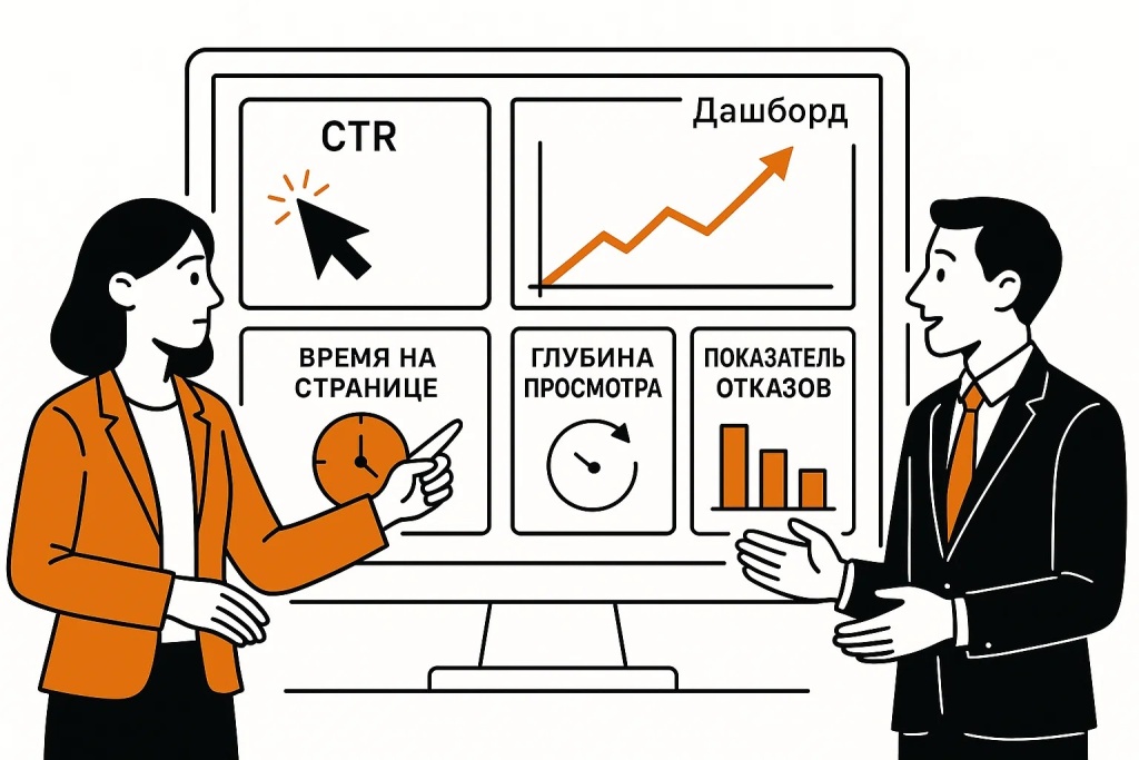 SEO дашборд с ключевыми метриками CTR, временем на странице и показателем отказов. SEO дашборд с ключевыми метриками CTR, временем на странице и показателем отказов.