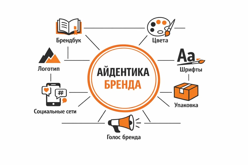 Иллюстрация что такое айдентика бренда: система логотипа, цветов, шрифтов и коммуникации.