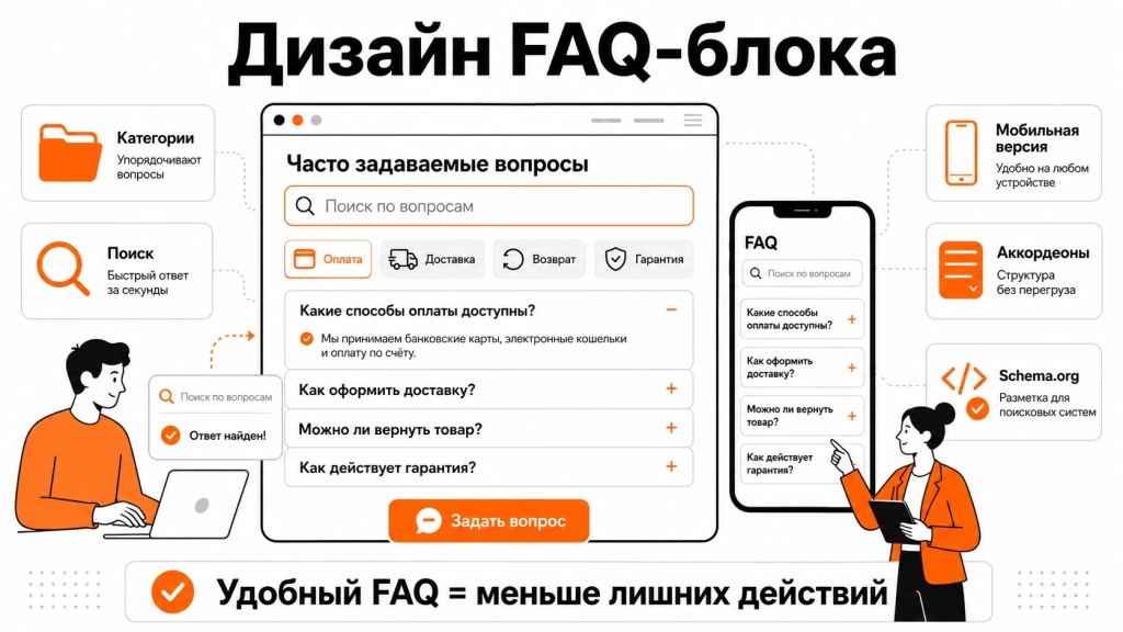 Инфографика о дизайне FAQ-интерфейса: аккордеоны, категории, поиск, мобильная адаптация, микроразметка и удобное размещение на странице.