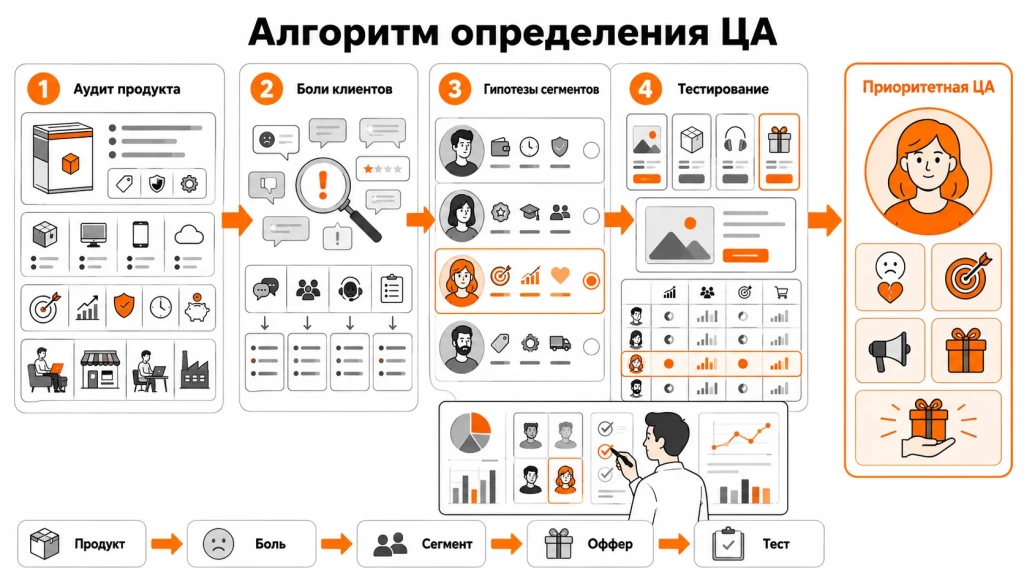 Инфографика с алгоритмом определения целевой аудитории бизнеса: аудит продукта, боли клиентов, гипотезы сегментов, тестирование рекламы и выбор приоритетной аудитории.