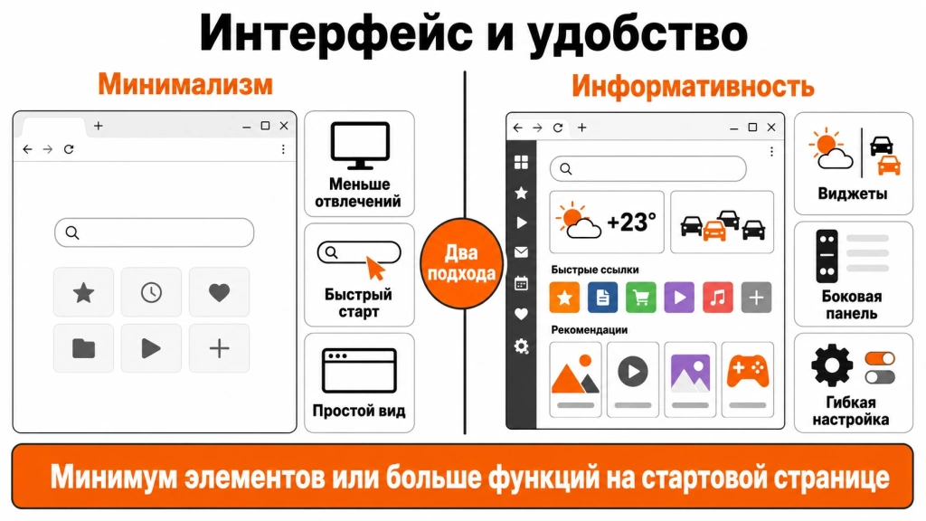 Инфографика о сравнении интерфейса Chrome и Яндекс Браузера: минимализм, виджеты, вкладки, боковая панель и кастомизация. 