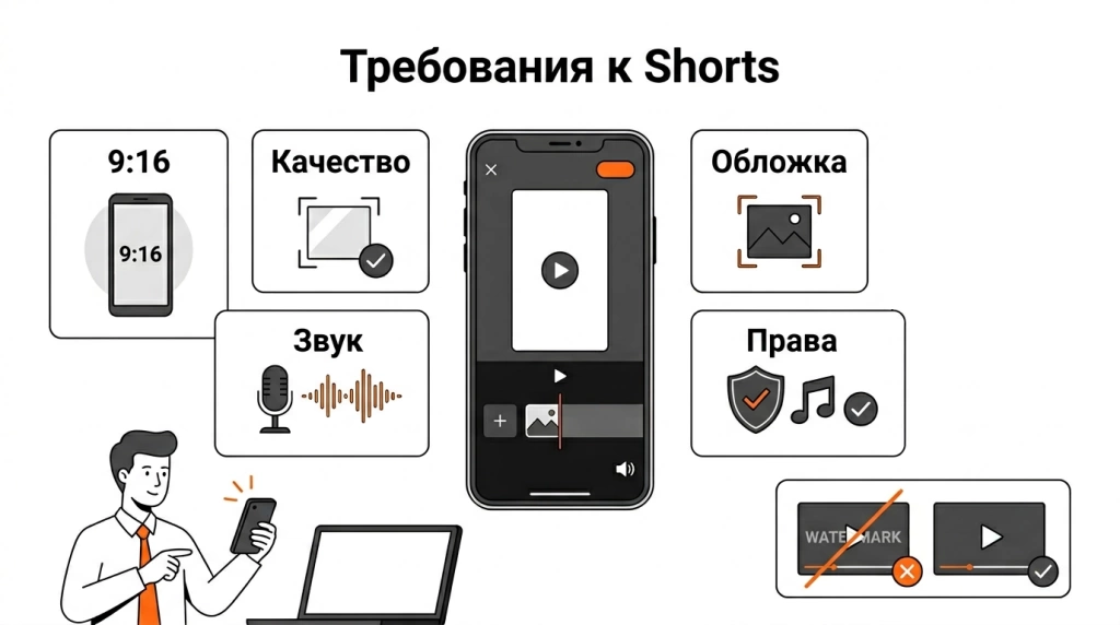 Инфографика о технических требованиях Shorts: вертикальный формат, качество видео, звук, обложка, загрузка и авторские права.