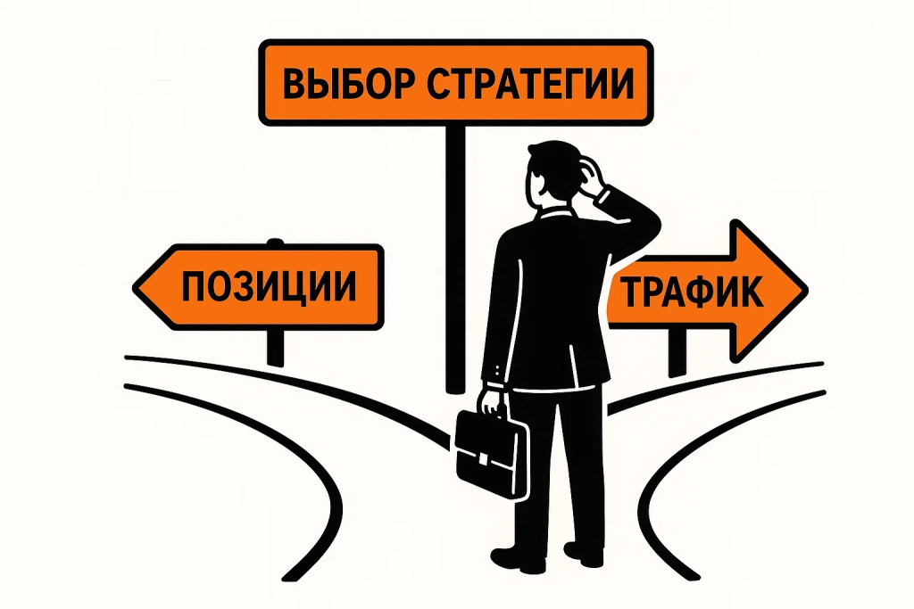 vybor-luchshego-metoda.jpg Иллюстрация: деловой человек перед выбором между двумя стратегиями SEO-продвижения: по позициям или по трафику.
