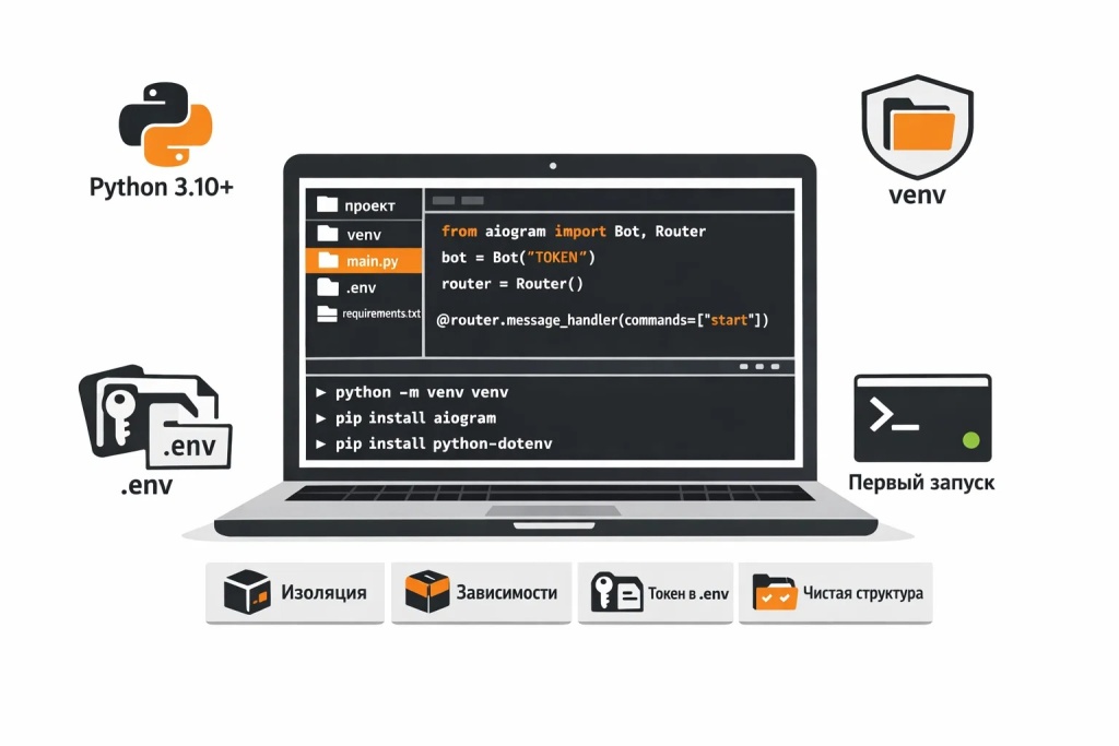 Инфографика о подготовке окружения для разработки Telegram-бота на Python: Python, виртуальное окружение, aiogram, dotenv, структура проекта и первый запуск.