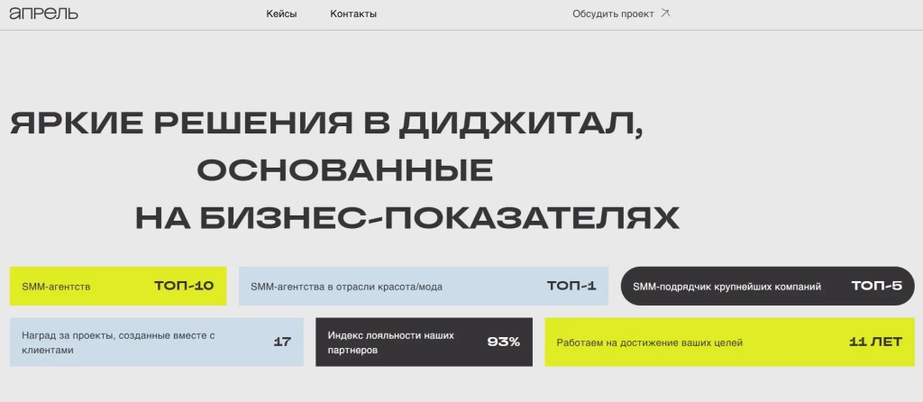 Главный экран агентства Апрель с рейтингами ТОП 10 SMM агентств и статистикой за 11 лет работы.