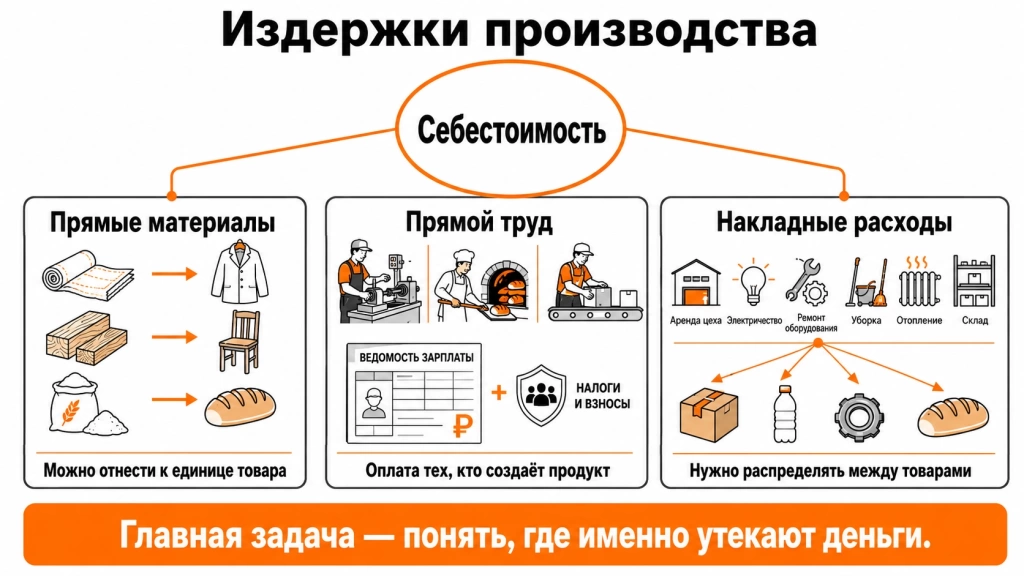 klassifikaciya-izderzhek-proizvodstva.webp Инфографика с классификацией издержек производства: прямые материальные затраты, прямой труд и заводские накладные расходы.