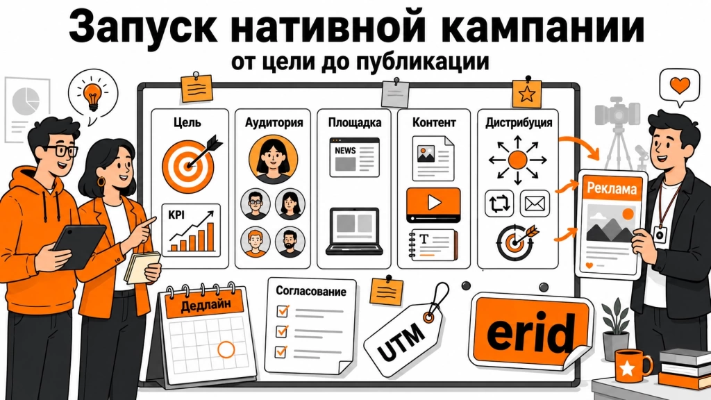 plan-zapuska-nativnoy-kampanii.webp Инфографика с планом запуска нативной рекламной кампании от цели и аудитории до публикации и дистрибуции.
